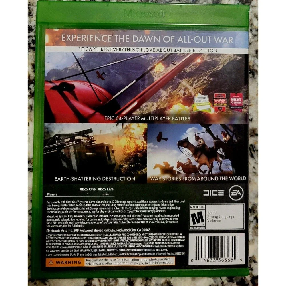 XBOX ONE:Battlefield 1,CIB,MANUAL,TESTED,CLN DISC,LN COND, FAST SHIPPING